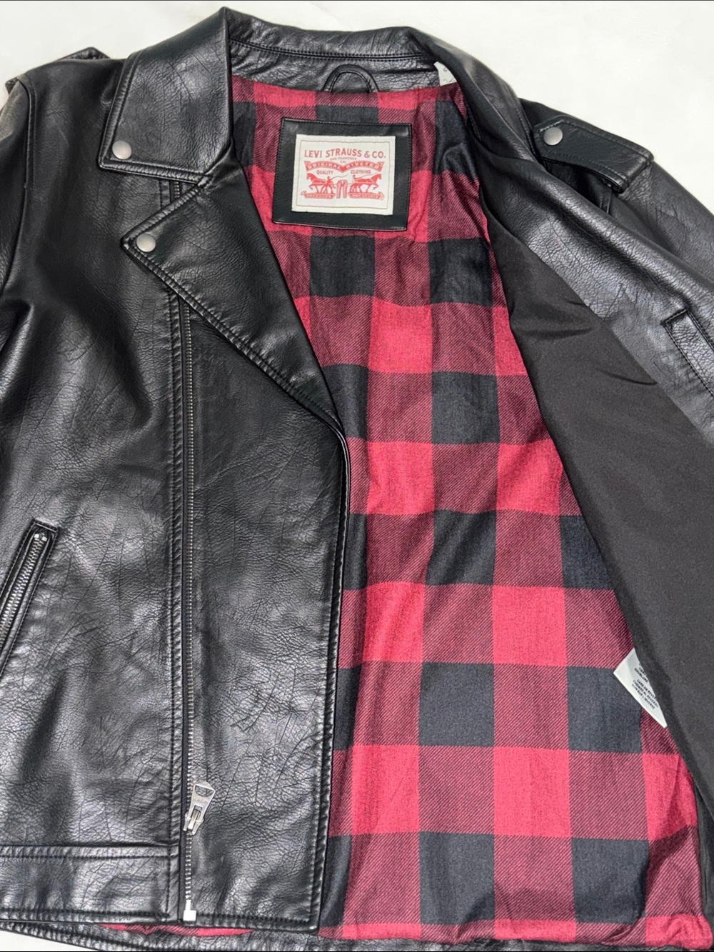 Levi's Black Leather Jacket with Red & Black Buffalo Plaid Lining